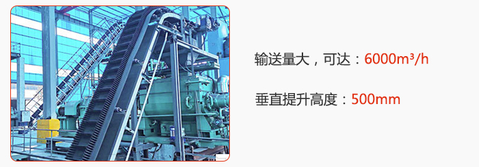 大傾角帶式輸送機輸送量大，可達：6000m3/h，垂直提升高度：500mm