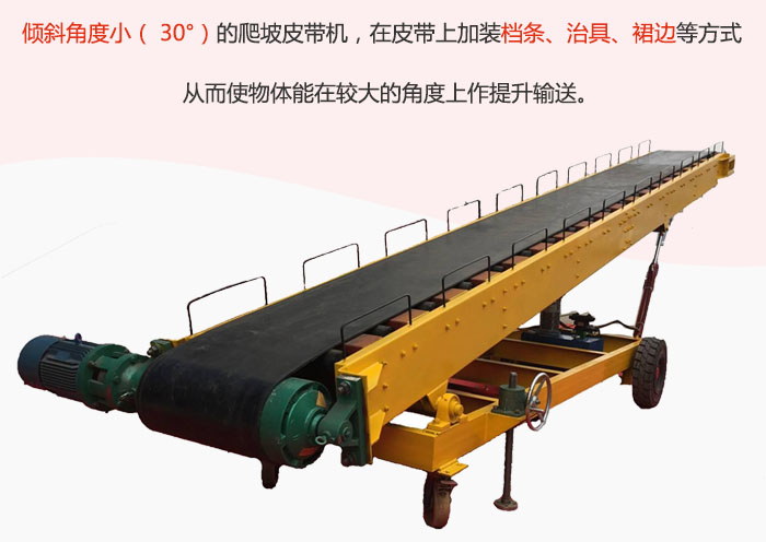 傾斜角度?。?30°）的爬坡皮帶機(jī)，在皮帶上加裝檔條、治具、裙邊等方式從而使物體能在較大的角度上作提升輸送。